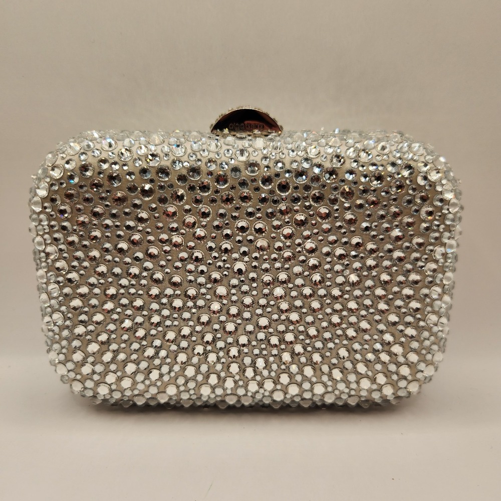 New Olga berg Casey Hot Fix Crystal Encrusted Clutch Purse Silver Evening Fancy